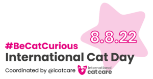 #BeCatCurious International Cat Day 2022 strap line with pink star