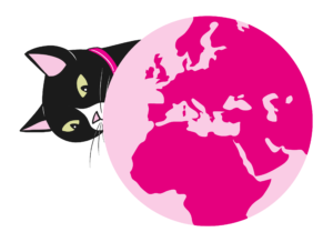A black and white cat peaks around a pink world